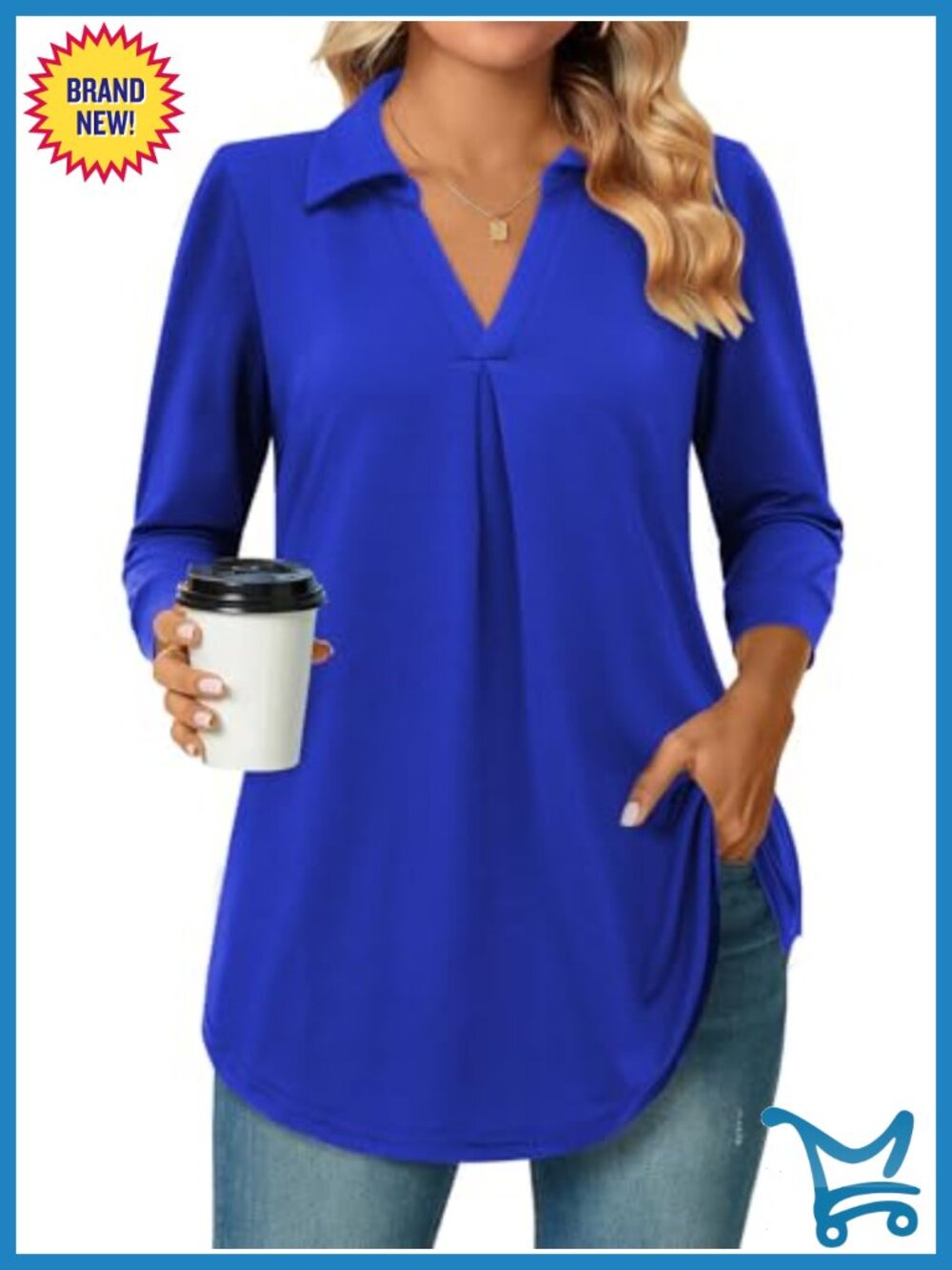 Women's 3/4 Sleeve V Neck Collared Tunic Blouse